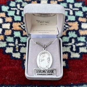 St. Brendan the Navigator Sterling Silver Oval Religious Medal Necklace 24”